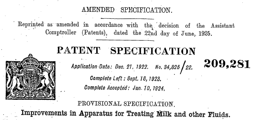 1922 - GB209281A - Improvements in apparatus for treating milk and other fluids